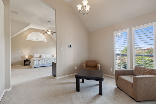 living area featuring visible vents, baseboards, lofted ceiling, carpet flooring, and ceiling fan with notable chandelier