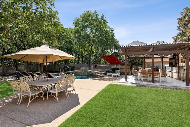 view of patio / terrace featuring outdoor dining area, a pool with connected hot tub, a fenced backyard, and a pergola