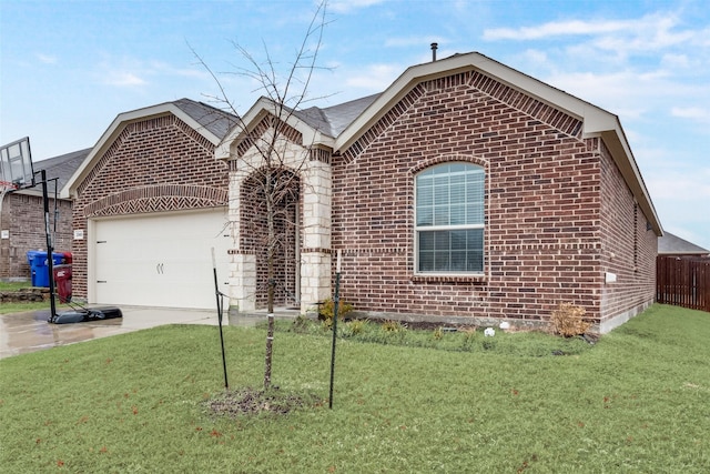 single story home featuring concrete driveway, a front lawn, a garage, and brick siding