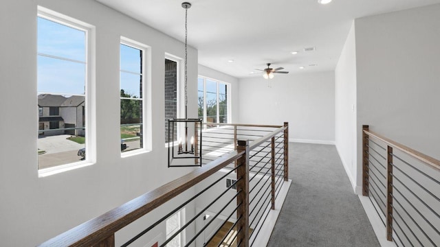 1636 Keneipp Rd, Carrollton, TX 75006 - hallway with recessed lighting, visible vents, an upstairs landing, carpet floors, and baseboards