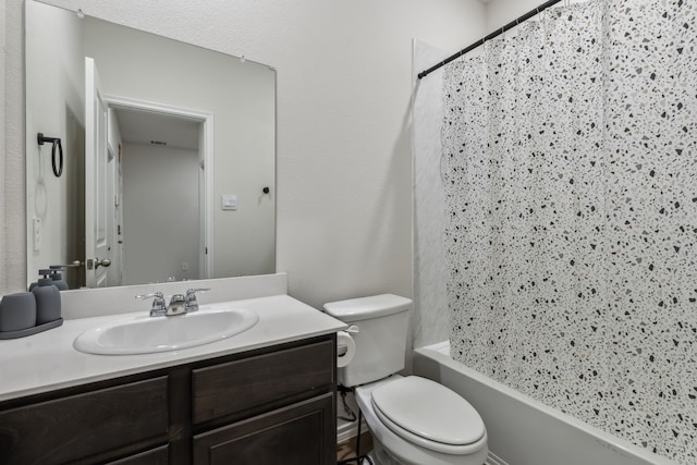 bathroom featuring vanity, toilet, and shower / bathtub combination with curtain