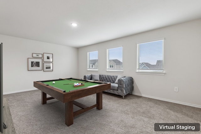 game room featuring carpet, billiards, and baseboards