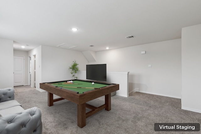 game room featuring carpet floors, baseboards, visible vents, and recessed lighting