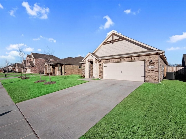 view of front of home featuring central air condition unit, a garage, brick siding, concrete driveway, and a front yard