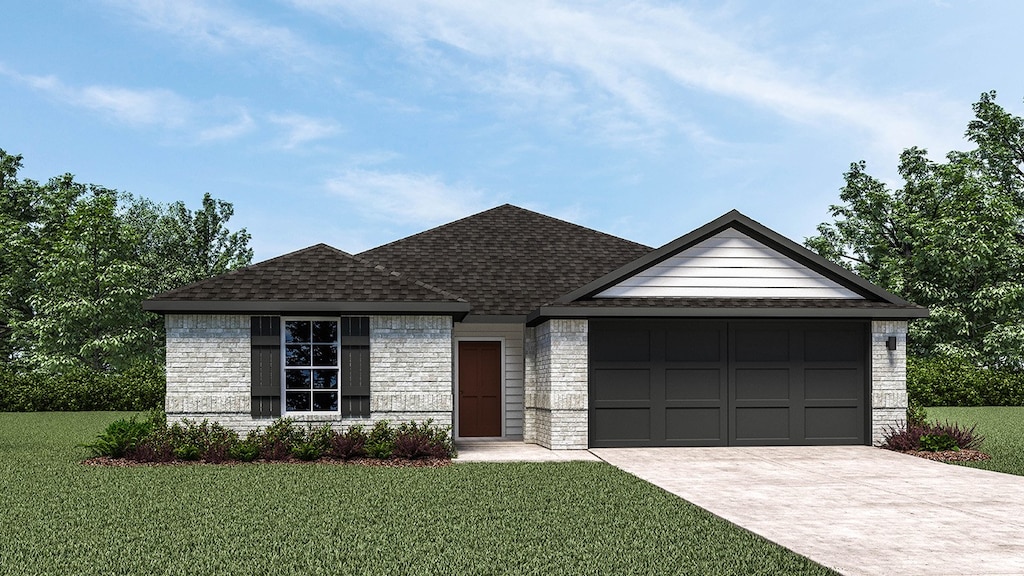 ranch-style home featuring a garage, roof with shingles, and a front lawn