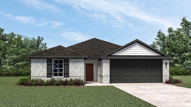 ranch-style home featuring a garage, roof with shingles, and a front lawn