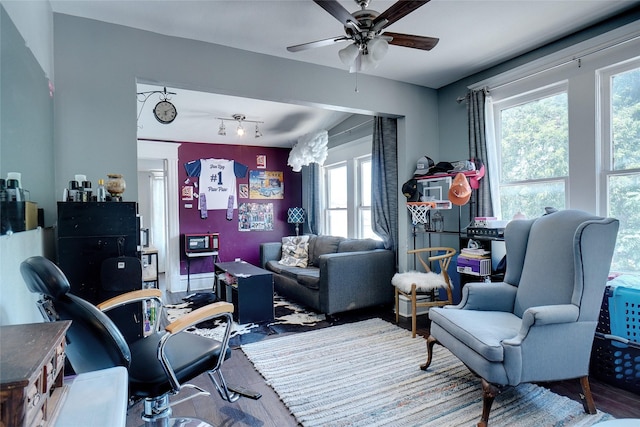 living room featuring a ceiling fan and wood finished floors