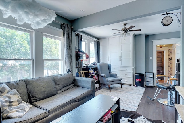 living area featuring a ceiling fan and wood finished floors