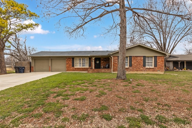 single story home with concrete driveway, a front lawn, brick siding, and a garage