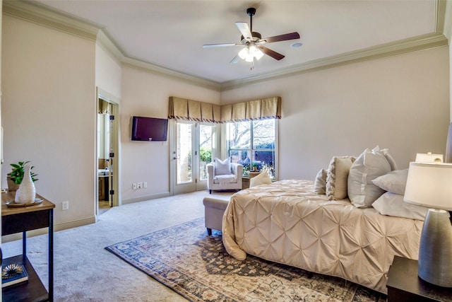 carpeted bedroom featuring access to outside, baseboards, ceiling fan, and ornamental molding