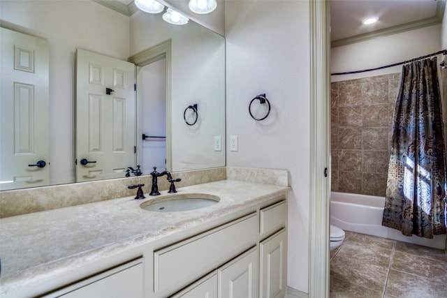 full bathroom with toilet, tile patterned flooring, shower / bath combo with shower curtain, crown molding, and vanity