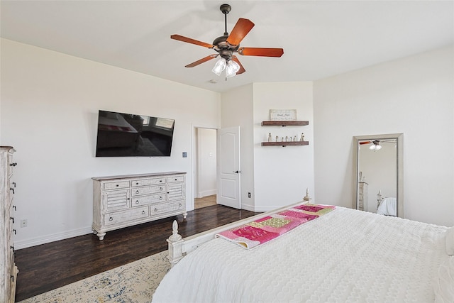 bedroom featuring a ceiling fan, baseboards, and dark wood-style flooring