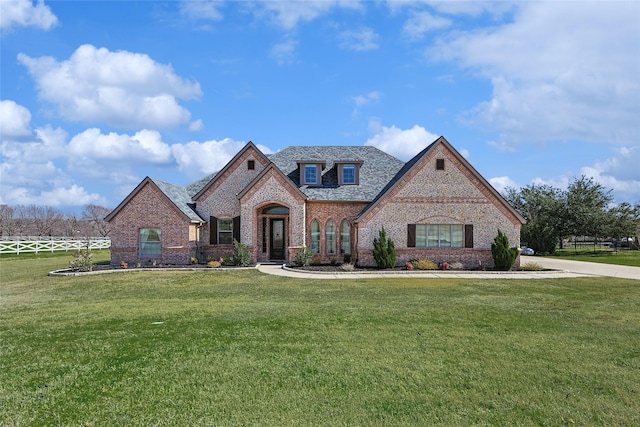 french country style house featuring brick siding, fence, and a front lawn