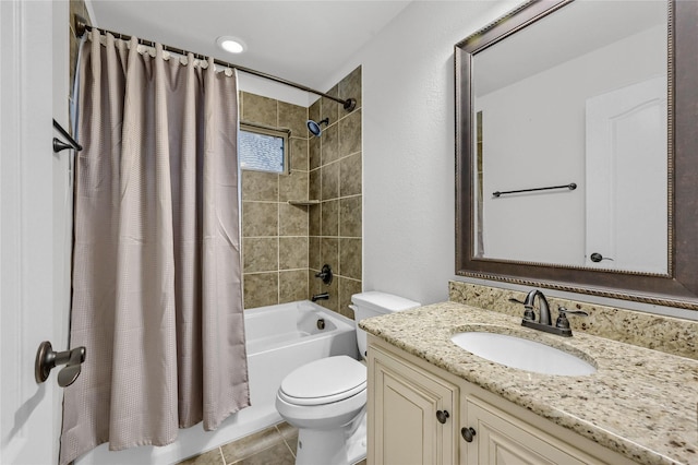 bathroom with toilet, tile patterned flooring, shower / bath combination with curtain, and vanity