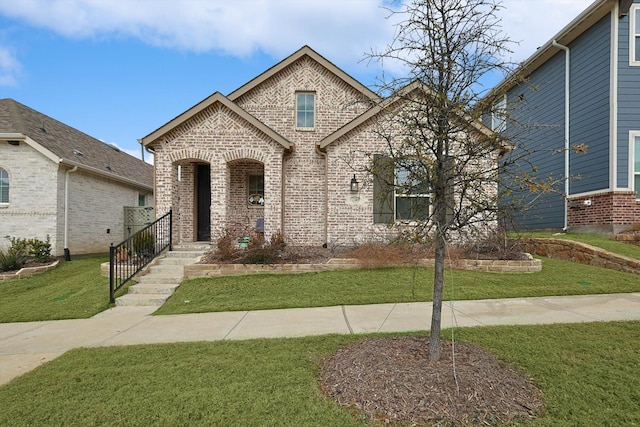 french country inspired facade featuring a front lawn and brick siding