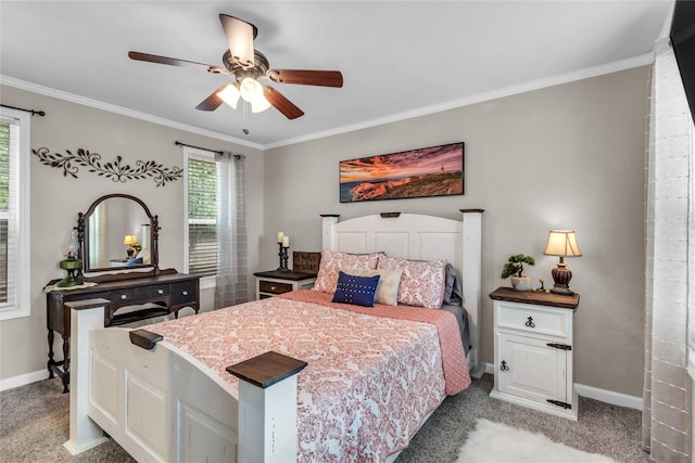 bedroom featuring baseboards, carpet, and ornamental molding