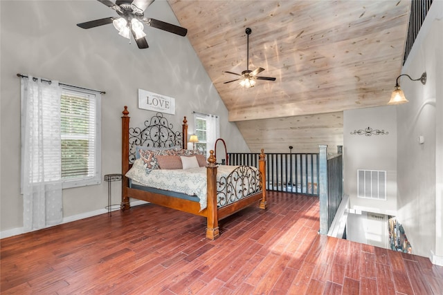bedroom with wood finished floors, baseboards, visible vents, high vaulted ceiling, and wooden ceiling