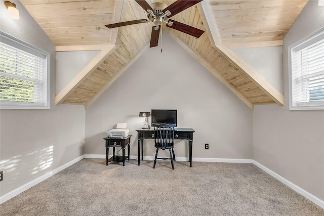 office with wooden ceiling, vaulted ceiling with beams, carpet, and a ceiling fan