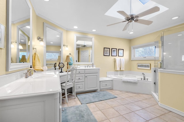 full bath featuring a garden tub, crown molding, a stall shower, vanity, and tile patterned floors