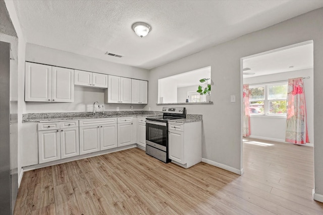 kitchen featuring a sink, visible vents, white cabinets, electric stove, and light wood finished floors