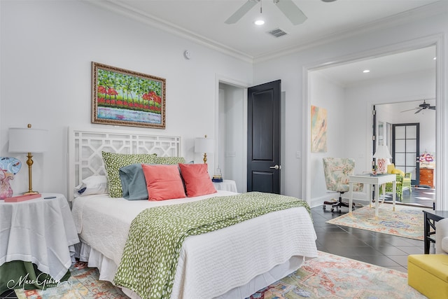 bedroom featuring recessed lighting, visible vents, baseboards, ornamental molding, and tile patterned floors