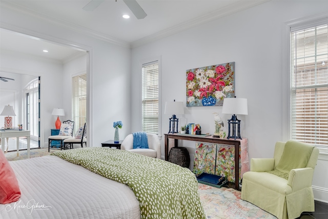 bedroom featuring a ceiling fan, crown molding, and recessed lighting