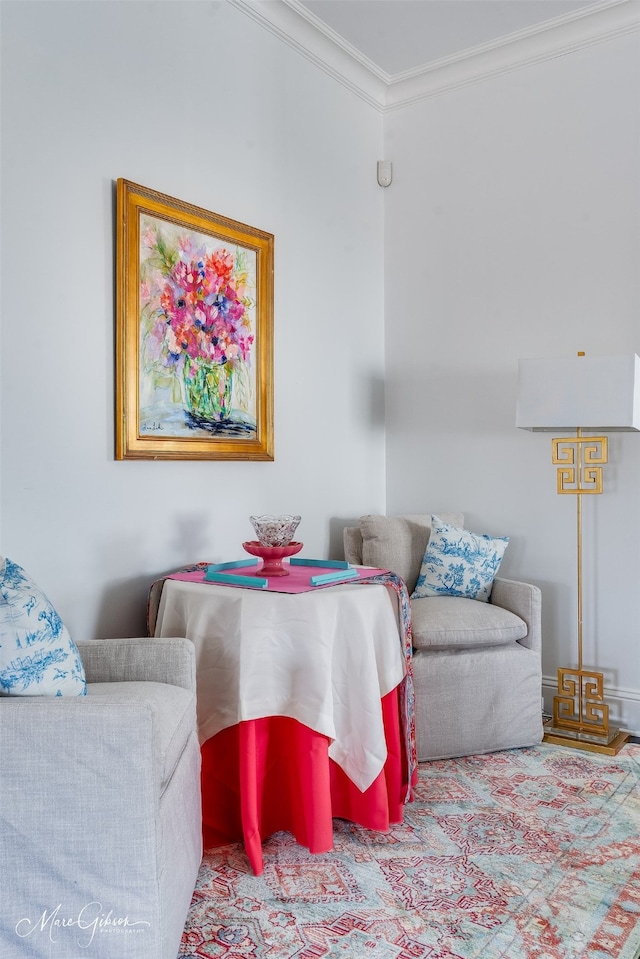 living room with ornamental molding