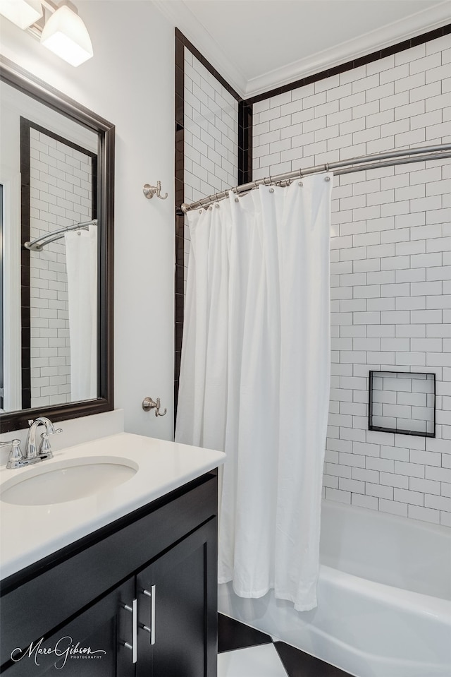 full bath with ornamental molding, shower / bath combo, and vanity