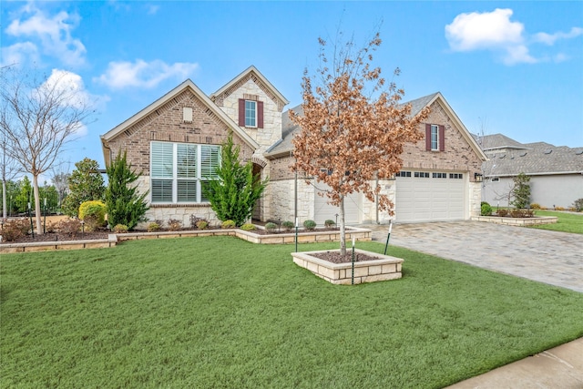 view of front of property featuring a front yard, decorative driveway, and brick siding