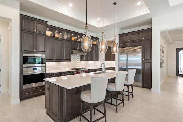 kitchen with a center island with sink, appliances with stainless steel finishes, a tray ceiling, light countertops, and under cabinet range hood