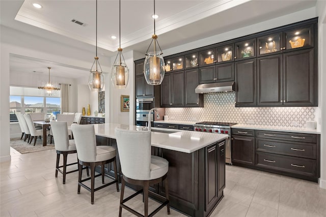 kitchen with a kitchen island with sink, under cabinet range hood, light countertops, a raised ceiling, and glass insert cabinets