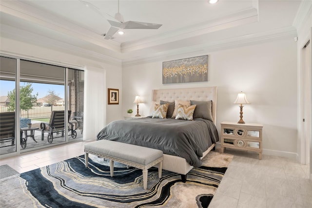 bedroom with a tray ceiling, crown molding, recessed lighting, access to outside, and baseboards