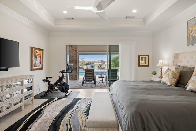 bedroom featuring visible vents, baseboards, access to outside, light wood finished floors, and crown molding