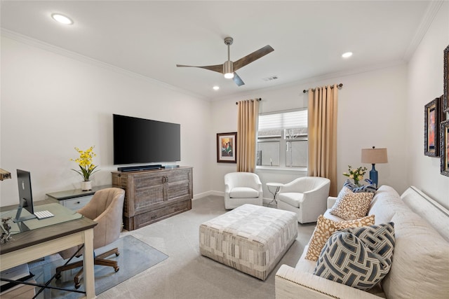 living area featuring crown molding, recessed lighting, visible vents, a ceiling fan, and light carpet