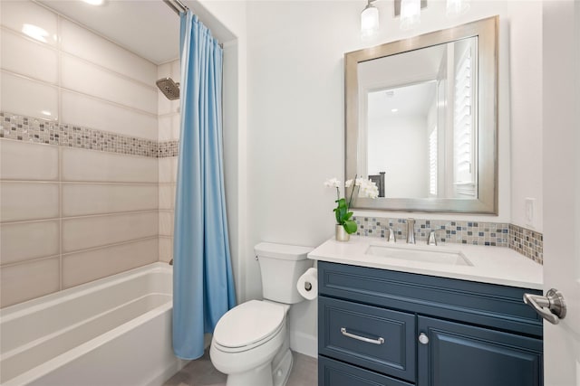 bathroom featuring toilet, tasteful backsplash, shower / bath combination with curtain, and vanity