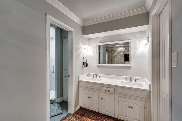 full bath featuring crown molding, a sink, baseboards, and double vanity