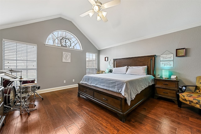 bedroom featuring dark wood-style floors, ceiling fan, baseboards, and ornamental molding