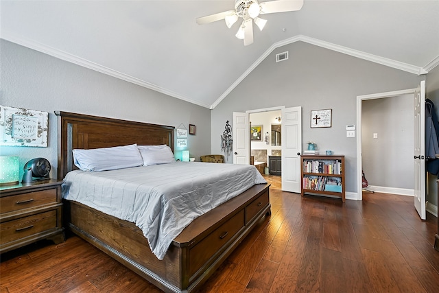 bedroom with baseboards, visible vents, ceiling fan, dark wood-style flooring, and vaulted ceiling