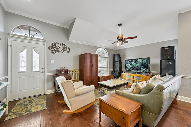 living area featuring ornamental molding, dark wood finished floors, and a wealth of natural light