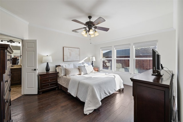 bedroom featuring dark wood-style floors, ceiling fan, baseboards, and crown molding