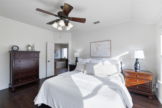 bedroom featuring ornamental molding, dark wood-type flooring, and visible vents