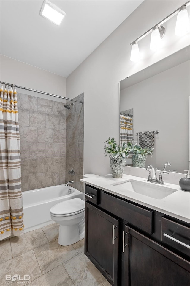 bathroom featuring toilet, shower / bath combo, and vanity