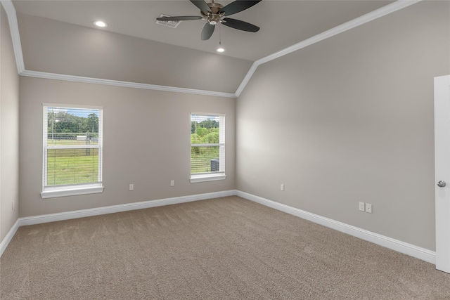 spare room featuring baseboards, carpet, and crown molding