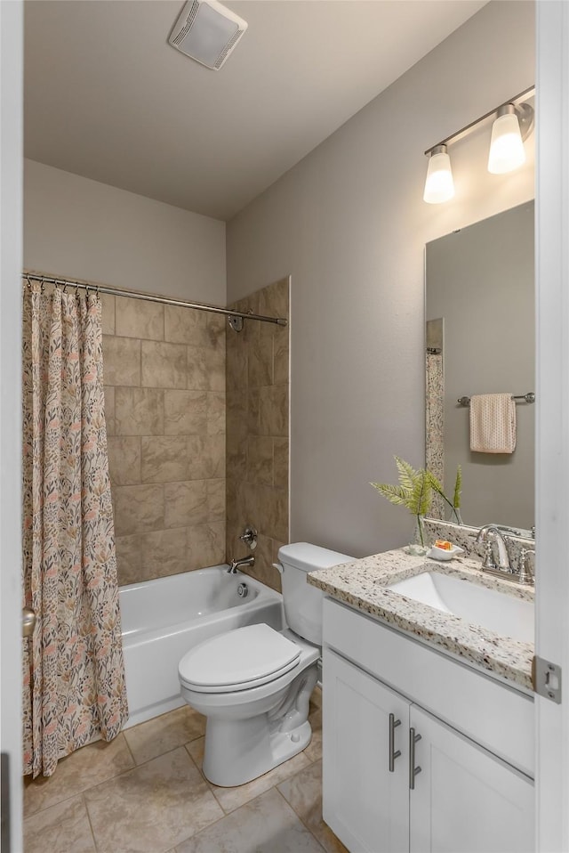 full bath with visible vents, shower / bathtub combination with curtain, toilet, vanity, and tile patterned flooring