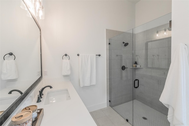 full bathroom with a stall shower, tile patterned flooring, and vanity