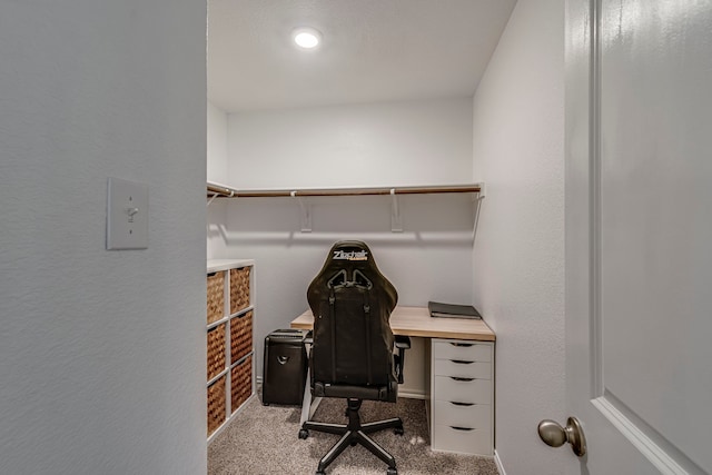 office featuring a textured wall and light colored carpet