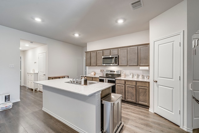 kitchen featuring a sink, visible vents, light countertops, appliances with stainless steel finishes, and a center island with sink