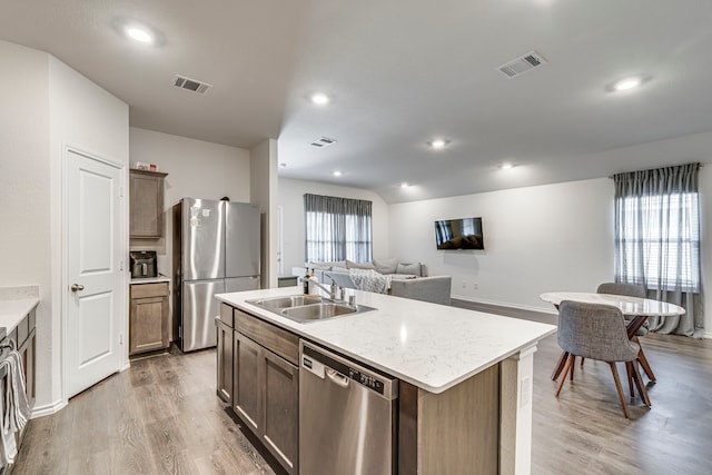 kitchen featuring stainless steel appliances, visible vents, a center island with sink, and a sink