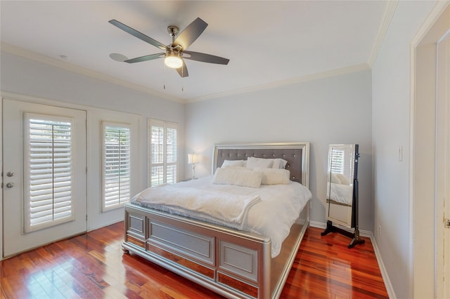 bedroom with baseboards, ceiling fan, ornamental molding, wood finished floors, and access to outside