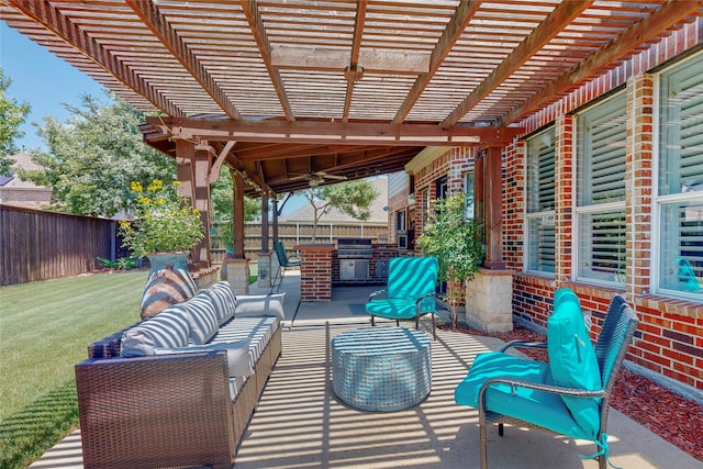 view of patio with an outdoor hangout area, area for grilling, a fenced backyard, and a pergola